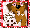 A orange Dalmatian with brown ears and pink eyes looks at the camera with a tongue stuck out. There is a simple drawing of a bag labeled 'Choc Chips' to the left, and a marker drawing a yellow heart on the right. The stamp has a pink polka dot background and a red and pink border.